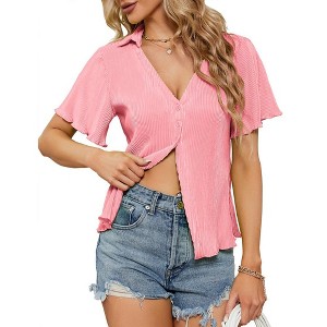 Women's Corduroy Short Sleeve Tops Deep V Neck Shirt Button Front Blouse Short Sleeve Tops Ruffle Blouse for Summer 2024 - 1 of 4