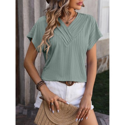 Women's Summer V-Neck Chain Striped Top Jacquard Top Casual Short Sleeved T-Shirt