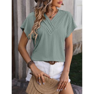 Women's Summer V-Neck Chain Striped Top Jacquard Top Casual Short Sleeved T-Shirt - 1 of 4