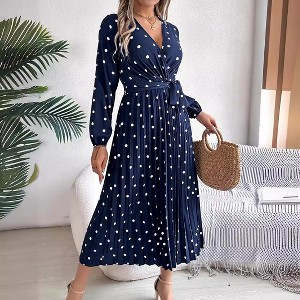 Coolmee Women's Polka Dot Pleated V Neck A Line Fall Semi Formal Long Sleeve Business Casual Flowy Maxi Dress - 1 of 4