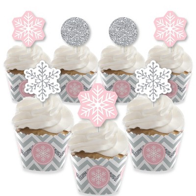 Big Dot of Happiness Pink Winter Wonderland - Cupcake Decor - Snowflake Birthday Party & Baby Shower Cupcake Wrappers and Treat Picks Kit - Set of 24