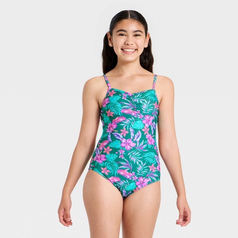 Art Class Girls' Island Hibiscus One Piece Swimsuit - art class™ Jade Green XL