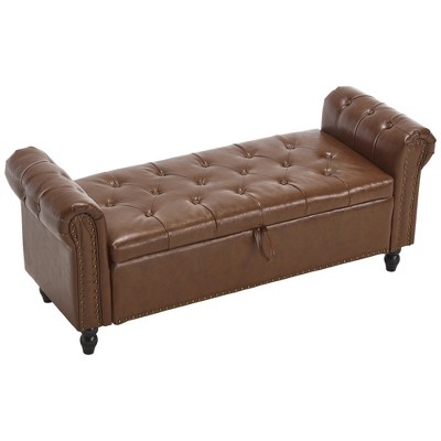 Vynxaria Upholstered Storage Ottoman Bench - 55.12"Brown Button Tufted with Rivet Accents