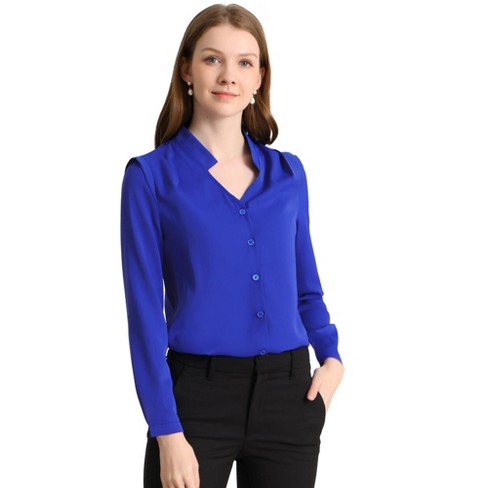 Allegra K Women's Elegant V Neck Work Office Button Up Shirt Royal Blue ...