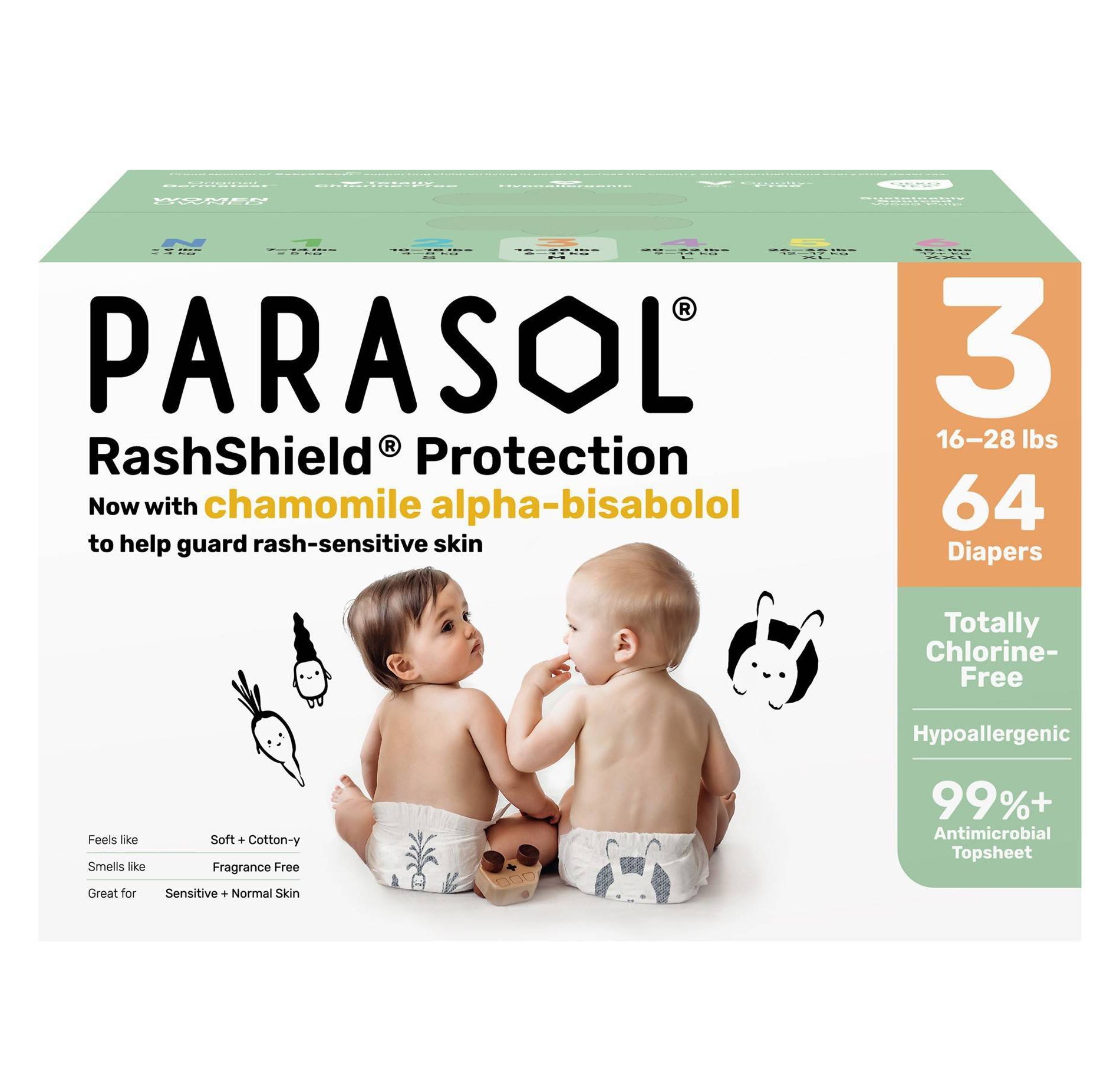 Parasol Chlorine-Free Diapers with RashShield Protection - Size 3 - 64ct