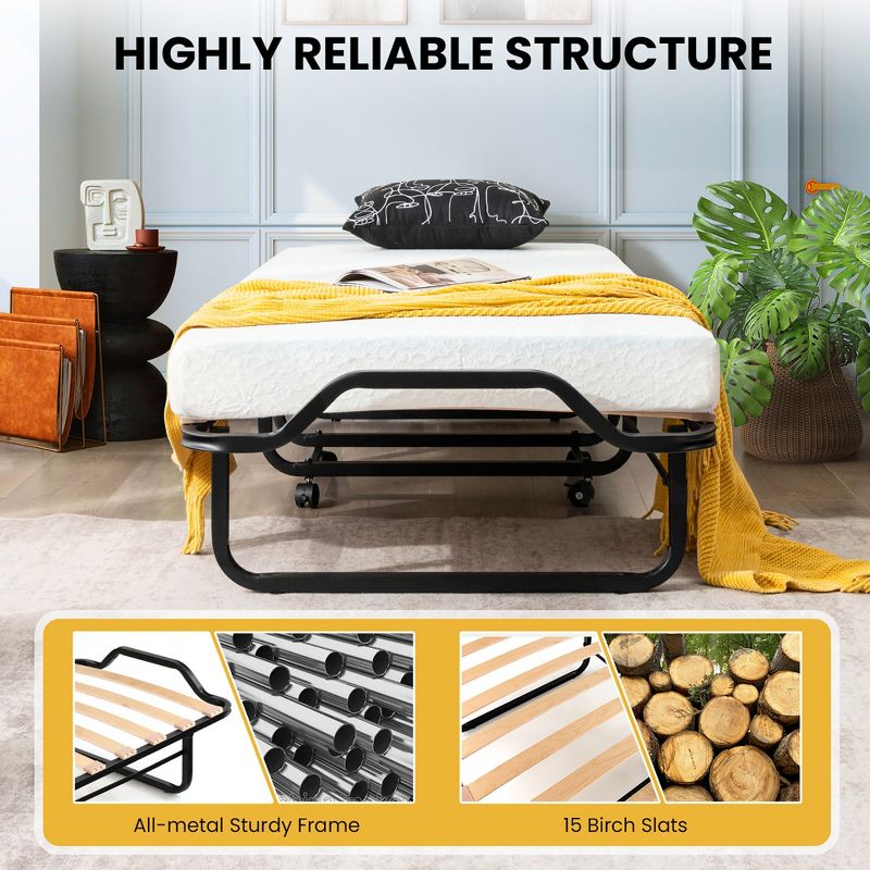 Tangkula Portable Foldable Guest Bed w/ Solid Wood Slats & Metal Frame Rollaway Bed for Adults w/ Wheel, 5 of 11