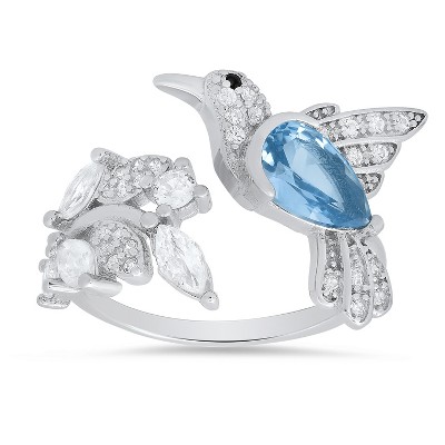 Sterling Silver Aqua CZ Hummingbird Ring