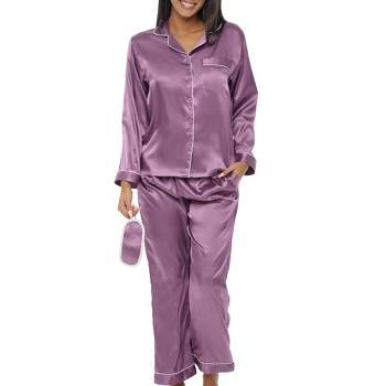 ADR Women's Satin Pajamas Set, Button Down Long Sleeve Top and Matching Pants with Pockets, Silk like PJs with Matching Sleep Mask