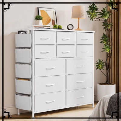 Jojoka 12-Drawer Tall Fabric Dresser with Side Pockets & Hooks, Storage Organizer with Wooden Top for Bedroom, Closet, Entryway