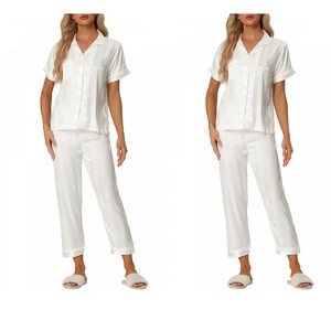 INSPIRE CHIC Women's 4 Pcs Satin Short-Sleeve Button-Up Sleepwear & Long-Pants Pajama Set - 1 of 4
