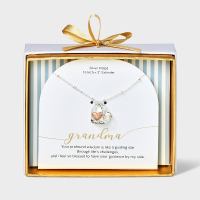 Silver Plated Three Tone Cubic Zirconia Double Heart Pendant Necklace - Silver/Gold