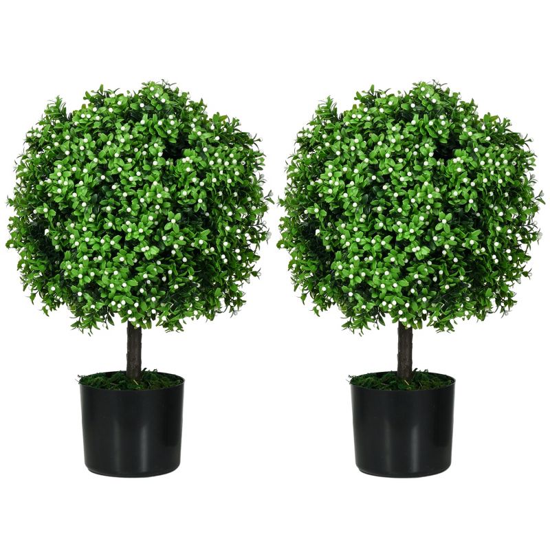 HOMCOM Set of 2 20.75" Artificial Boxwood Topiary Trees with Fruit, Potted Indoor Outdoor Fake Plants for Home Office Living Room Decor, White, 4 of 7