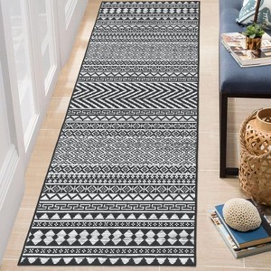 Hallway Runner Rug, Washable 1200GSM Heavy Duty Polyester Pearl Velvet Carpet, Non-Slip, Boho Black White Line Pattern - 1 of 4