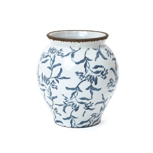 LuxenHome Handmade Blue Floral Wide-Mouth Waterproof Ceramic Vase, 9.25" Round Indoor Home Decor Multicolored - 1 of 4