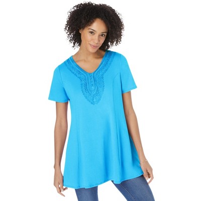 Woman Within Plus Size Rounded V-Neck Crochet Tunic