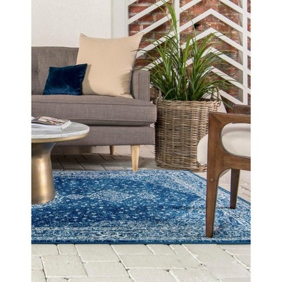 Navy Blue Medallion Rectangular Stain-Resistant Synthetic Rug