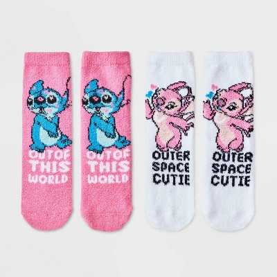 Women's Disney Lilo & Stitch Valentine's Day Tear & Share 2pk Cozy Crew Socks - Pink/White 4-10