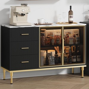 46.4" Fluted Sideboard Buffet Cabinet with Faux Marble Top, Large Storage for Kitchen, Featuring 2 Glass Doors, 3 Drawers, Adjustable Shelves - 1 of 4