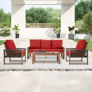 EROMMY 4-Piece Cedar Patio Set With PE Rope & Cushions - All-Weather Outdoor Conversation Group - 1 of 4