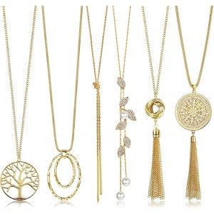 6Pcs Long Necklaces for Women Tassel Pendant Necklace Circle Knot Bar Feather Leaf Sweater Necklace Statement Necklace for Women - 1 of 4