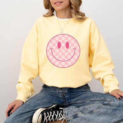 Simply Sage Market Women's  Garment Dyed Graphic Sweatshirt Pink Checker Smiley Face