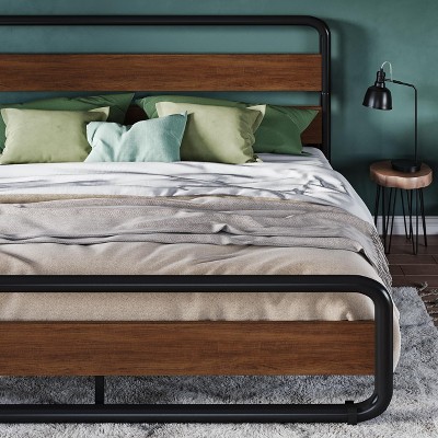 Allewie King Metal Bed Frame with Curved Wood Headboard & Footboard, Heavy Duty Platform with Under-Bed Storage, Easy Assembly, Walnut