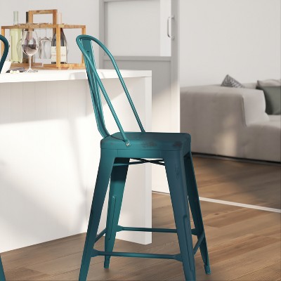 Kelly Blue-Teal Metal Counter Stool with Vertical Slat Back and Footrest