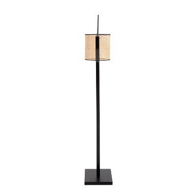 Arturo Black Wood and Steel Floor Lamp with Rattan Shade