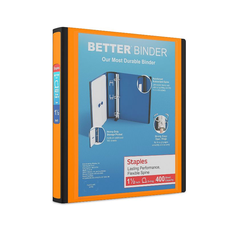 Staples 1.5" 3-Ring Better Binder Orange (13467) 651861, 1 of 9