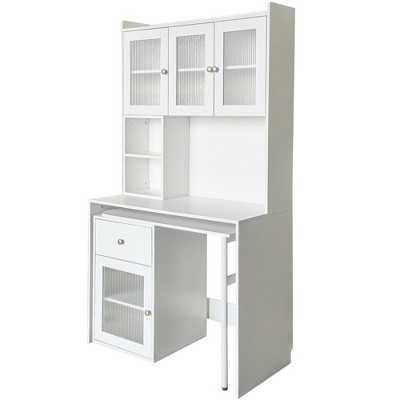 Vynxaria Computer Desk with Rotating Desktop, Glass Door Cabinets & Storage, Home Office Study Workstation