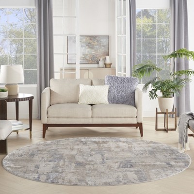 Round Grey and Beige Abstract Synthetic Area Rug