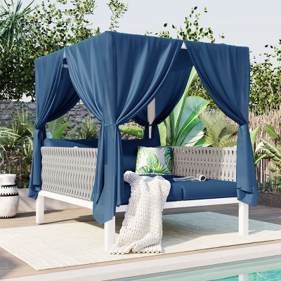 Outdoor Patio Daybed with Curtain and Canopy, 2-Seater Woven Rope Sunbed, Daybed with Iron Frame and Foam Cushions and Pillows–Cuddlewood