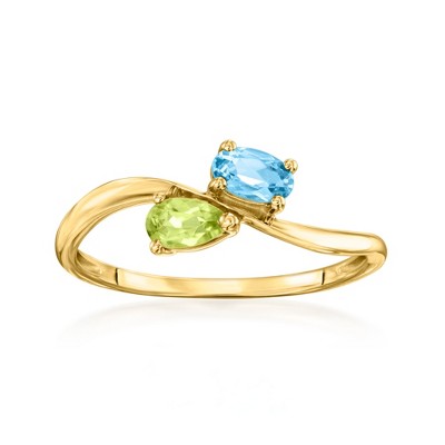 Pure Collection by Ross-Simons 0.20 Carat Peridot and .20 Carat Swiss Blue Topaz Bypass Ring in 14kt Yellow Gold Size 7