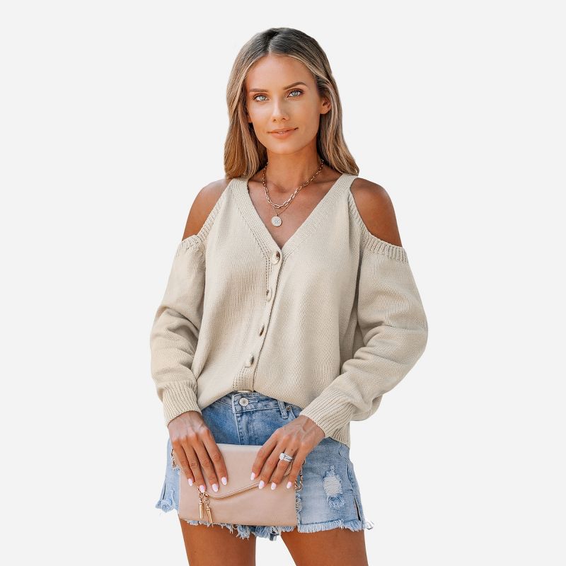 Women's Nude Open-Shoulder Button-Front Cardigan - Cupshe, 2 of 8
