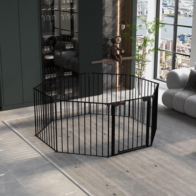 Dolonm Black Adjustable 8-Panel Steel Safety Gate Play Yard Metal Doorways Fireplace Fence Christmas Tree Fence Gate for House Stairs