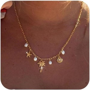 Dainty Gold Beach Charm Necklace With Shell & Starfish Pendant - Non-Tarnish Summer Jewelry Gift For Women - 1 of 4