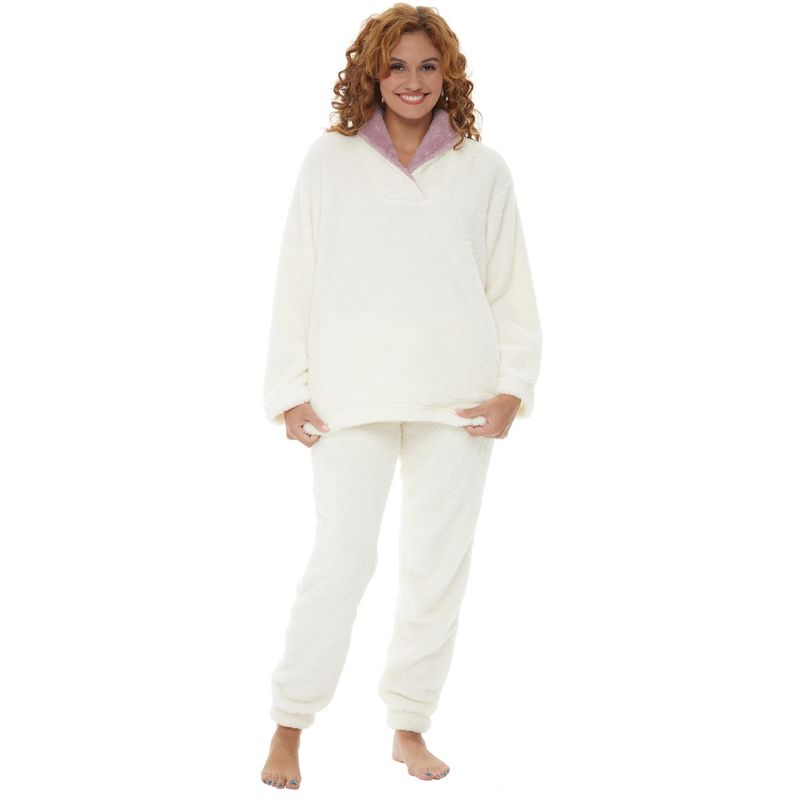 Women's Soft Plush Fleece Pajamas Lounge Set, Long Sleeve Top and Fuzzy Pants with Pockets, 1 of 7