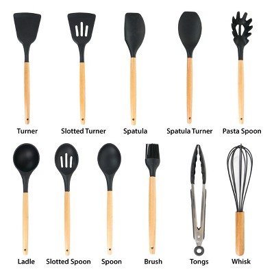 MegaChef 12 Piece Black Silicone and Wood Cooking Utensil Set