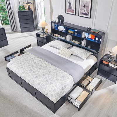 SinCiDo Modern King Size Bed Frame w/ 50" Tall Storage Headboard, Charging Station & LED Light, Curved Profile Design, Noiseless, No Box Spring Needed