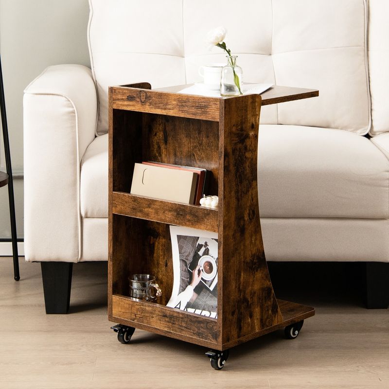 Costway Side Table with Rolling Casters Mobile C-shaped End Table with 2-Tier Open Storage Shelf &2 Back Storage Compartments Brown/Grey, 2 of 11