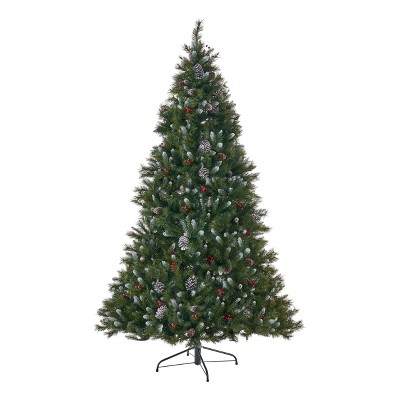 GDFStudio 7 Foot Mixed Spruce Pre Lit/Unlit Hinged Artificial Christmas Tree with Red Berry Frosted Branches and Frosted Pinecones