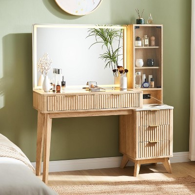 48" Fluted Makeup Vanity Desk with 36" HD Lighted Mirror & Drawers, Modern Big Vanity Table with Glass Top & Charging Station for Bedroom
