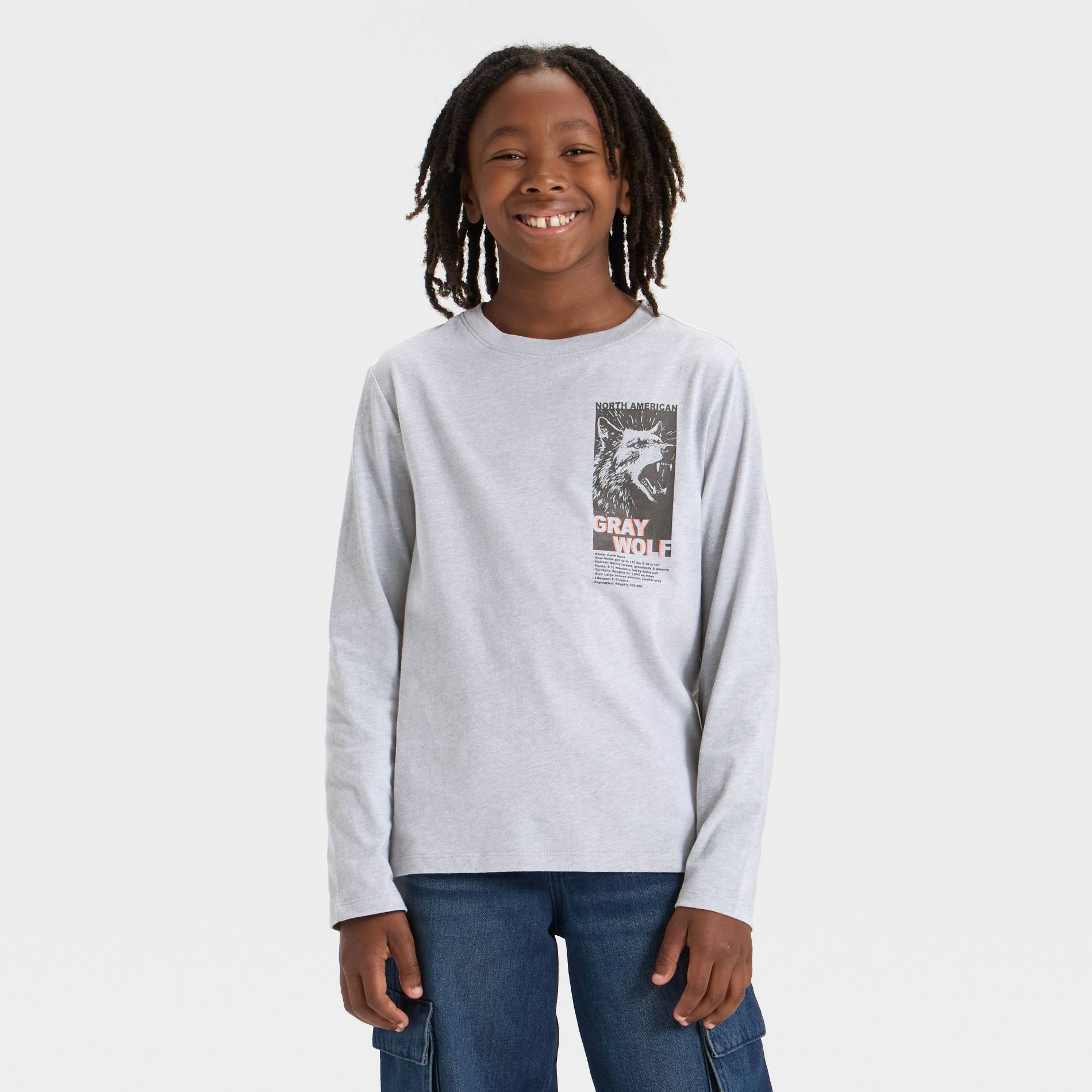 Boys' Long Sleeve 'Gray Wolf' Graphic T-Shirt - Cat & Jack™ Light Gray