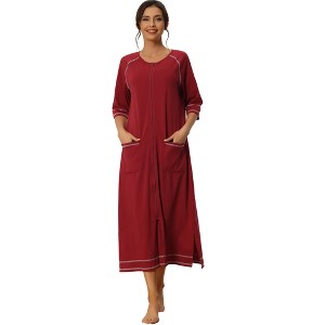 cheibear Women's Front Zipper with Pockets Maternity Long Sleep Robes - 1 of 4