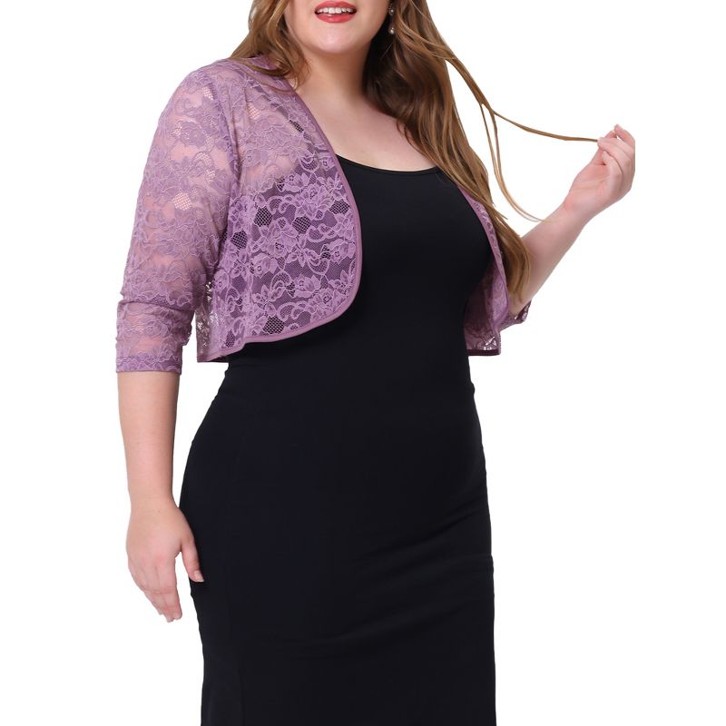 Agnes Orinda Women's Plus Size Sheer Shrug Cardigan 3/4 Sleeves Floral Lace Crop Shrugs, 2 of 7