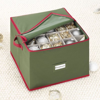 Large Green and Red Fabric Christmas Ornament Storage Cube with Dividers