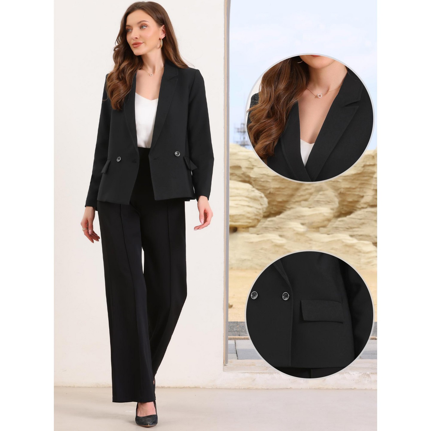 Женский пиджак INSPIRE CHIC Double Breasted Notched Lapel Long Sleeve Work Office Suit Jacket Blazer Medium Black, цвет: Чёрный — фото 2