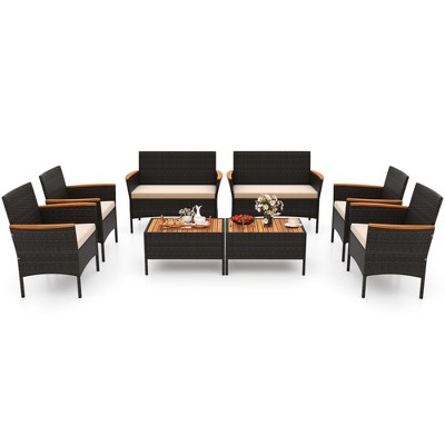 Tangkula 8 Piece Outdoor Patio Rattan Furniture Set Rattan Conversation Set w/ Chairs & Loveseat