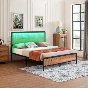 Rattan Boho Platform Bed Frame with Light Headboard with Sturdy Steel Slat Support, Heavy-Duty Steel, No Box Spring Needed - 1 of 4
