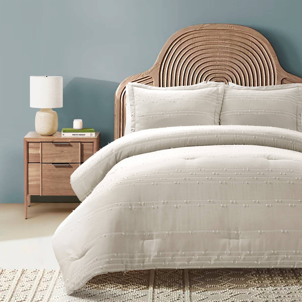 Photos - Duvet Lush Décor 3pc Full/Queen Clipped Striped Jacquard Comforter Set Beige: Lightweight, Reversible, Non-Woven Fabric